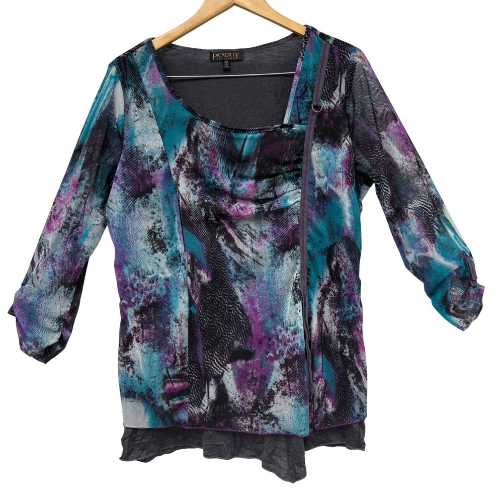 Picadilly Fashions XXL Teal Purple Abstract Layered Mesh Top Made in Canada